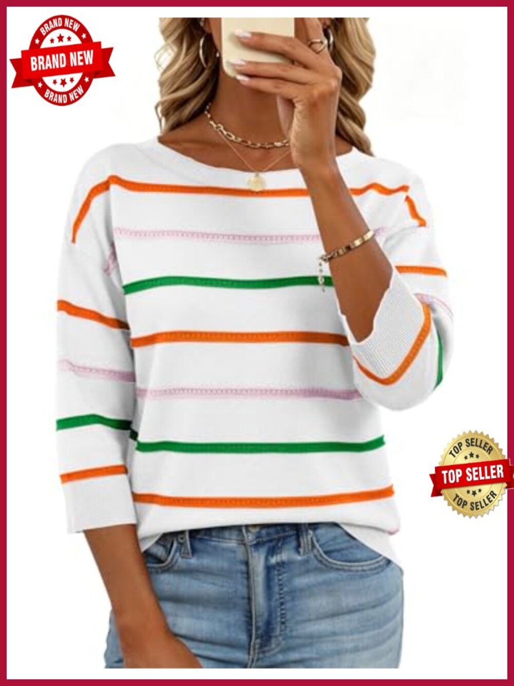 Women's Boat Neck 3/4 Sleeve Lightweight Knit Pullover Sweater